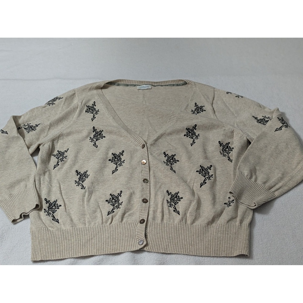 Sundance Cardigan  Sz L Meadow Dreams Tan‎ Cotton Floral Black Embroidery